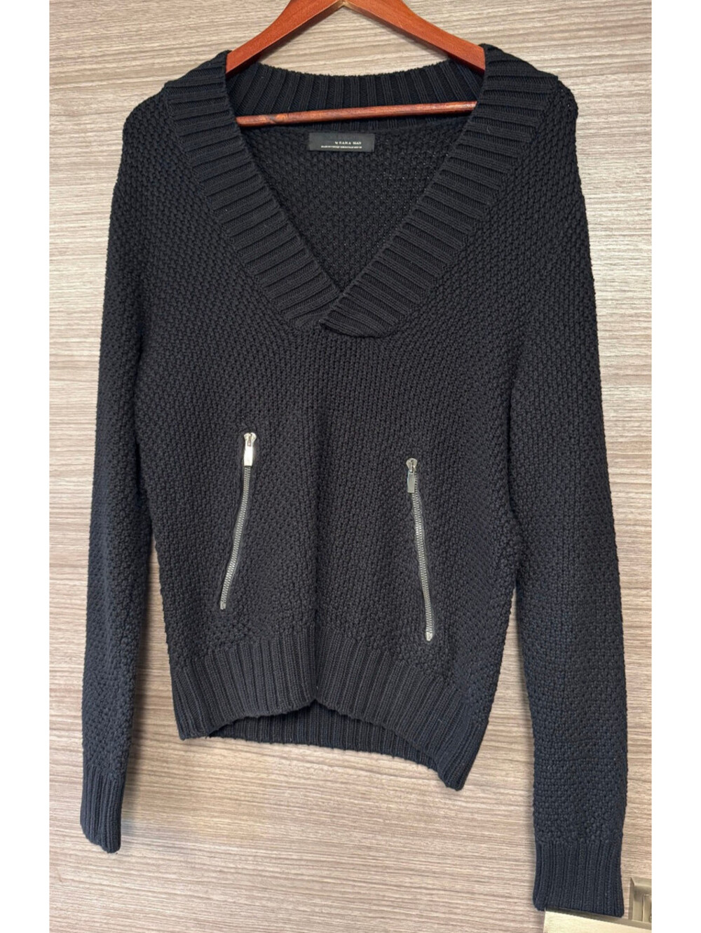 Zara Man Black Knit Sweater Size Medium V-Neck Ribbed Zip Pocket Pullover